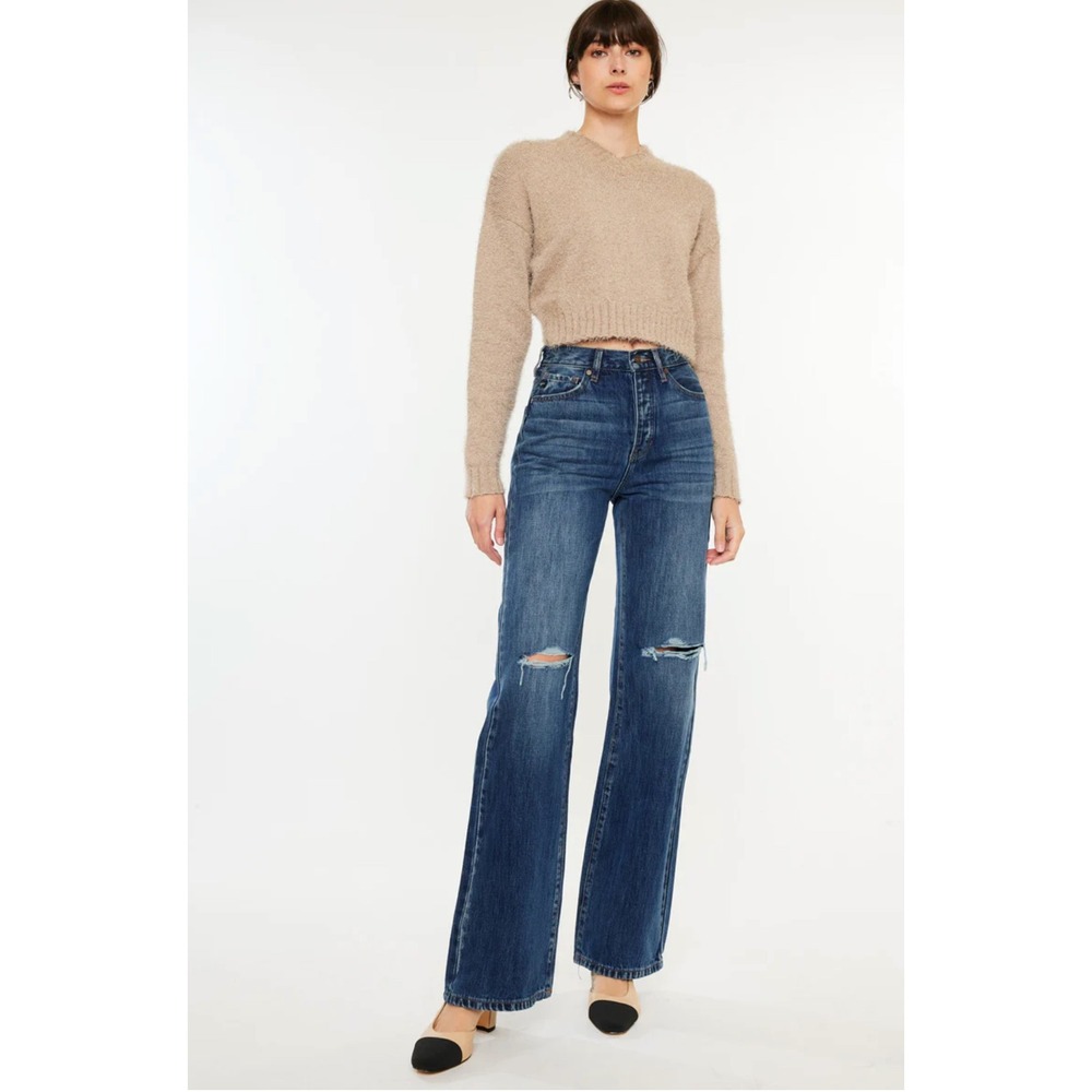 KanCan Ultra High Rise 90s Flare Distressed Jeans Button Fly Medium Wash 5/26